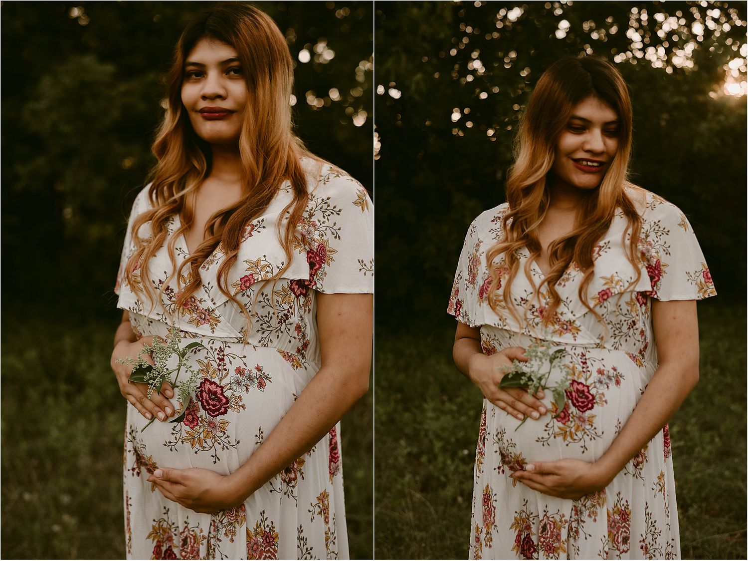 Side-by-side maternity portraits in a floral dress showing tender bump-cradling moments.