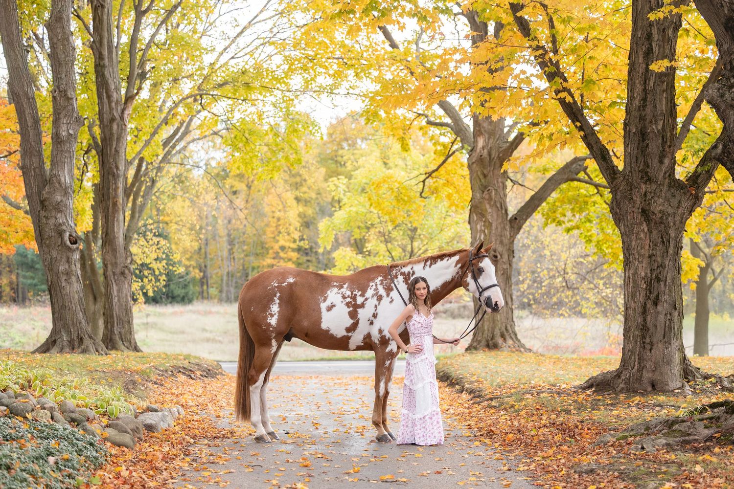 Marley Smith and Pie under fall leaves in Caledonia, Michigan