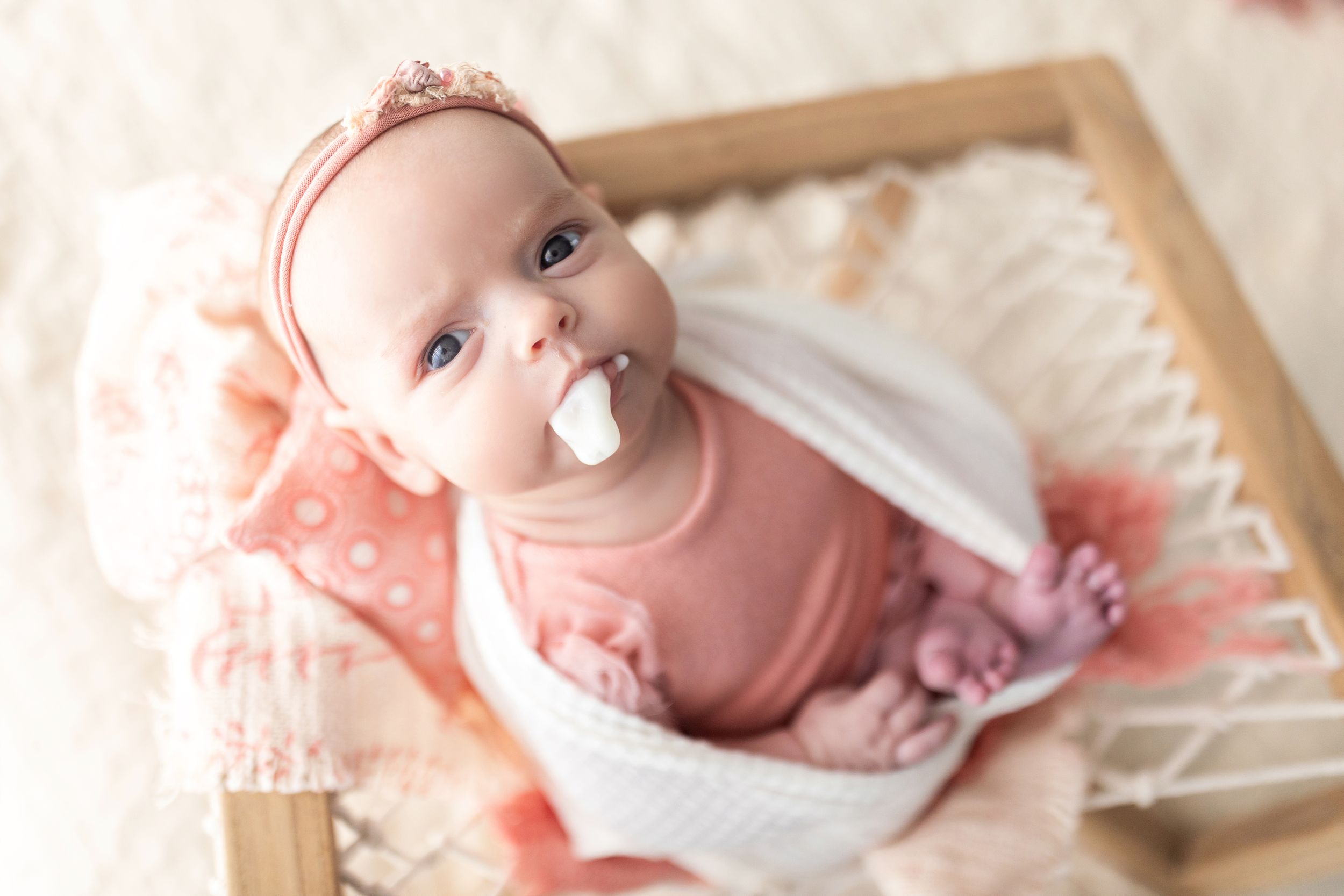 Newborn photography session featuring soft pink tones, blankets and delicate wrapping.