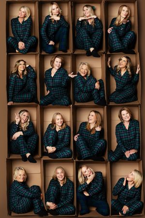 Collage of women in matching green plaid pajamas posing individually inside cardboard boxes in a grid layout.