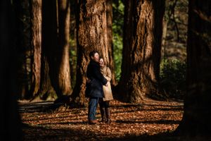 A couple embraces among tall redwood trees in a sunlit forest with rustic brown ground cover.