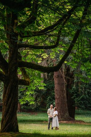 Two figures stand under towering trees in a lush park setting with green foliage casting dappled shadows on the grass.