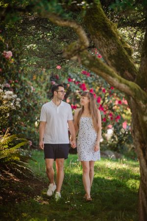 Romantic walk through a garden path with blooming flowers and mossy trees.