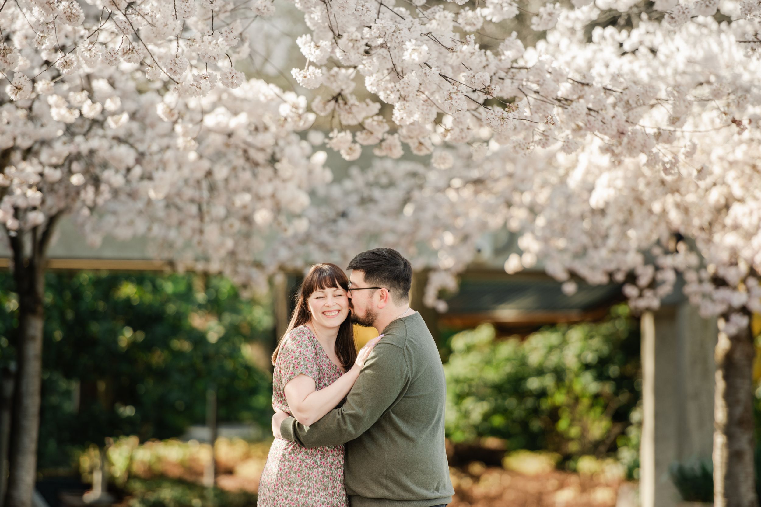 Couple embracing under blooming white cherry blossom trees in a lush garden during spring.