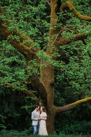 A couple standing beneath a majestic moss-covered tree with twisted branches in a lush green forest setting.