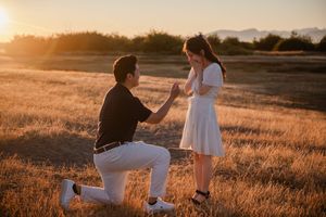 A romantic proposal scene at golden hour in a grassy field.