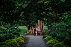 A path winds through a lush green garden with tall trees and dense foliage creating a tranquil woodland setting.