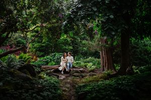 People relax in a serene forest garden setting surrounded by lush greenery and dappled sunlight.