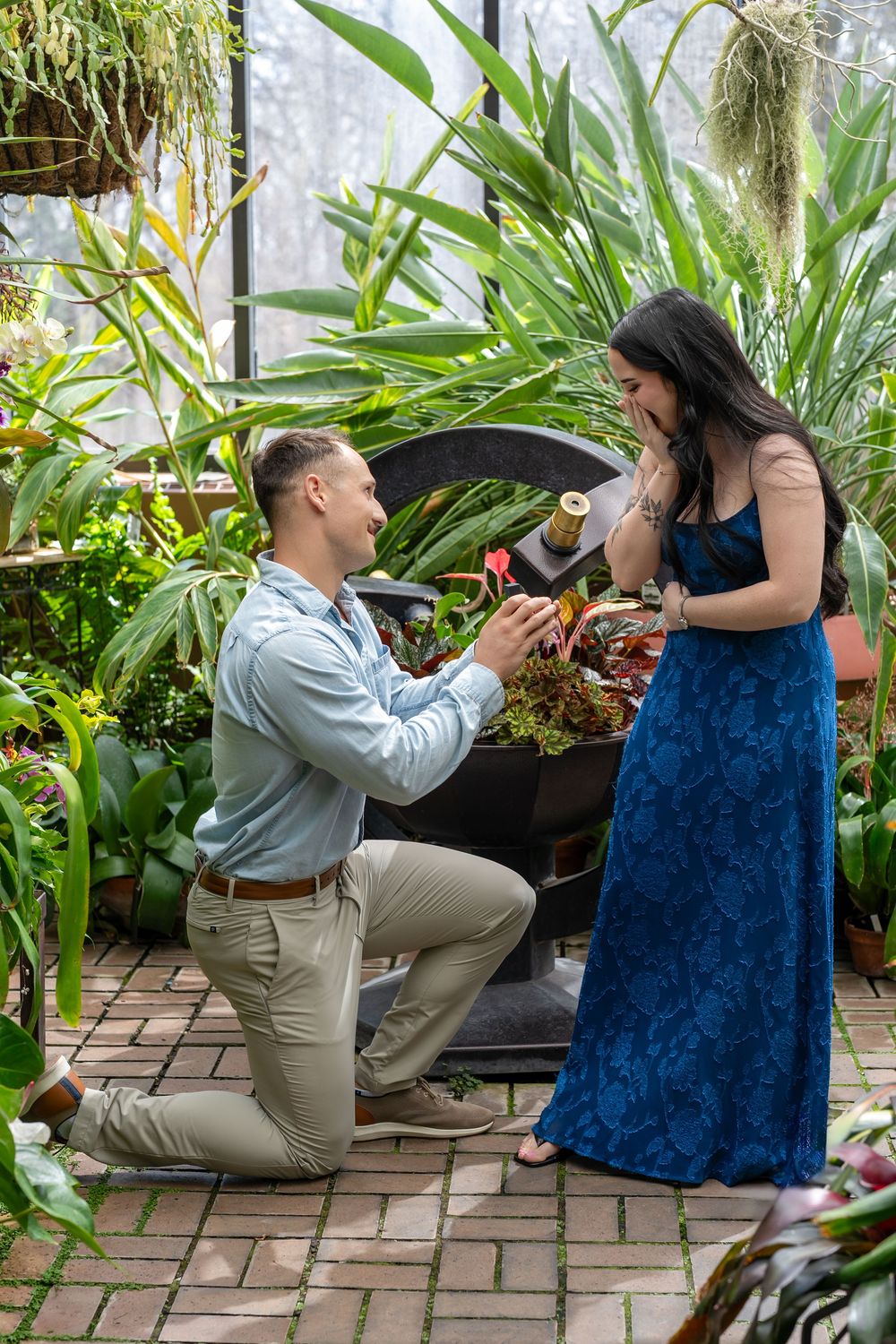 Man on one knee proposing to woman in blue dress inside tropical plant-filled greenhouse.