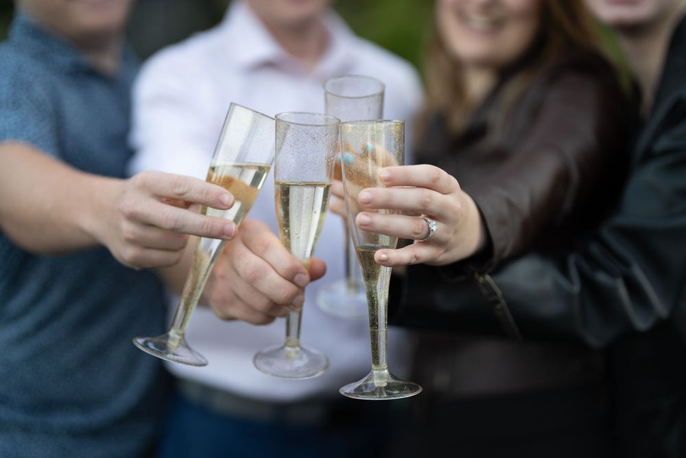 Group of people celebrating with champagne toast at outdoor engagement party.