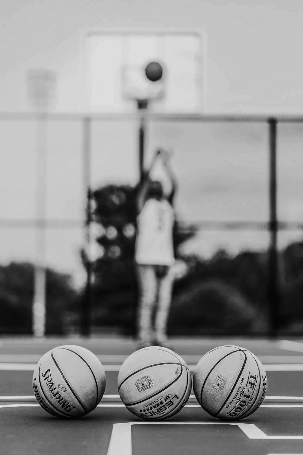 Black and white photo of basketballs lined up on a court with players practicing in the background.