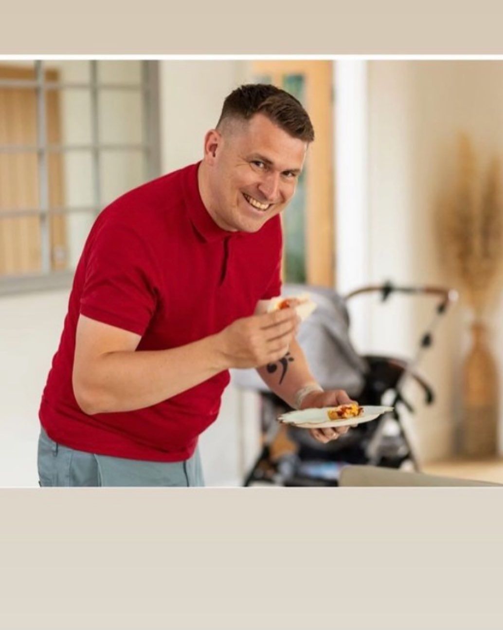 Person in red shirt showing excited expressions in a sequence of photos.
