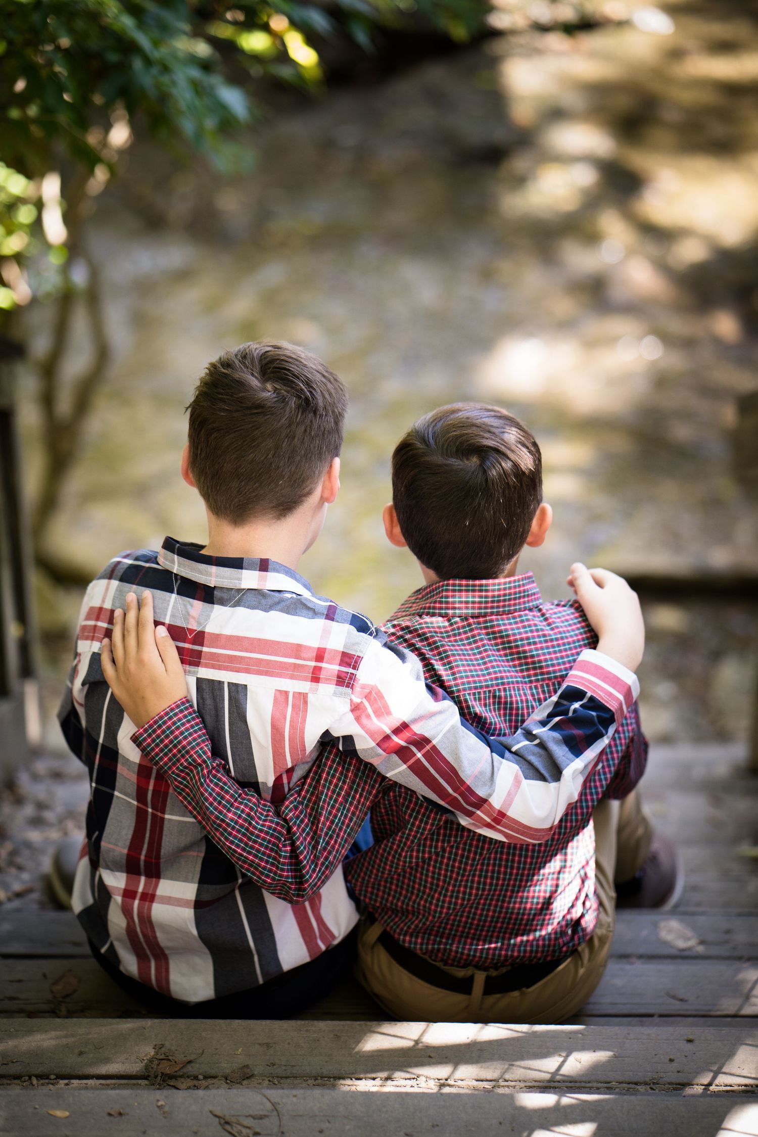 Two boys in plaid shirts sit on wooden steps with arms around each other, viewed from behind in a park setting.