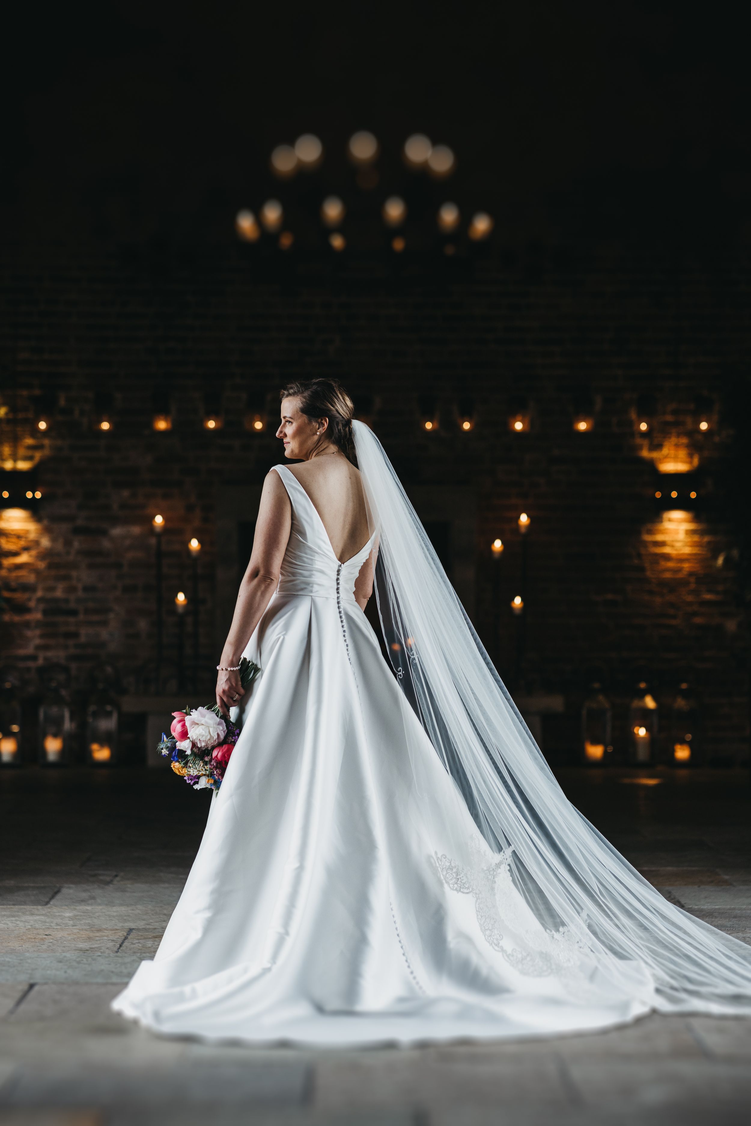 Stunning dress with bride in the wedding barn at Hazel Gap