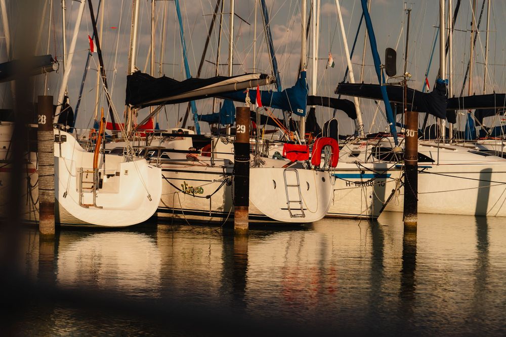 Sailboats docked at a marina during sunset with reflections in calm water.