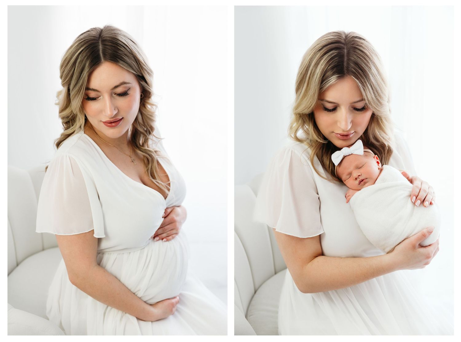 Young pregnant woman holding belly on the left, and holding her baby on the right. Before and After photo