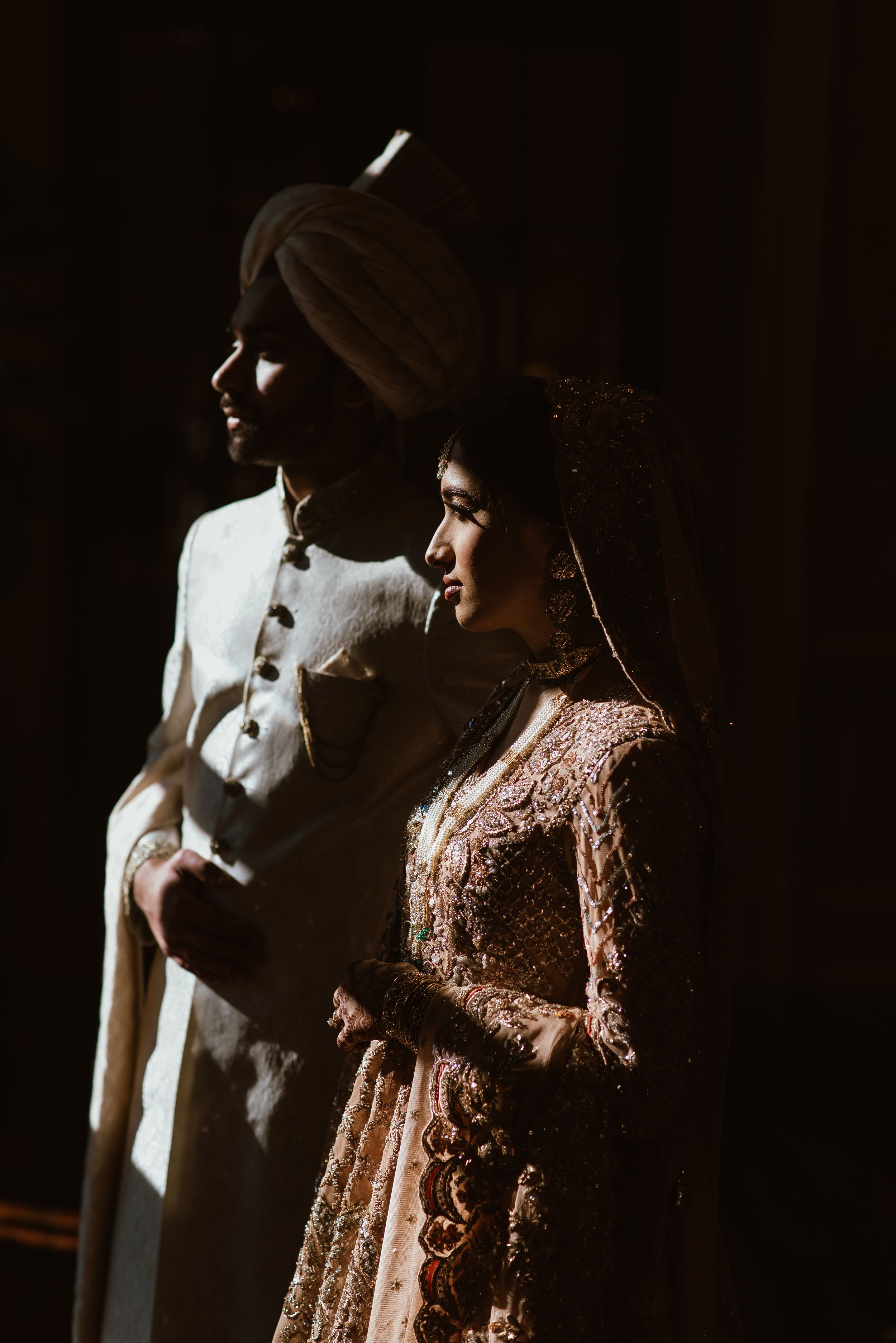 Artistic portrait of a couple at Pakistani wedding in Cary NC