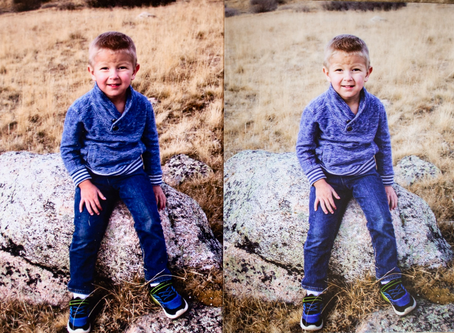 An image of two photography prints of a little boy sitting on a rock side by side to compare quality.