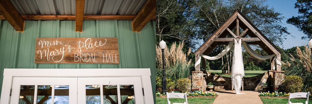 Rustic wedding venue exterior with wooden chapel and Forever & Always signage.