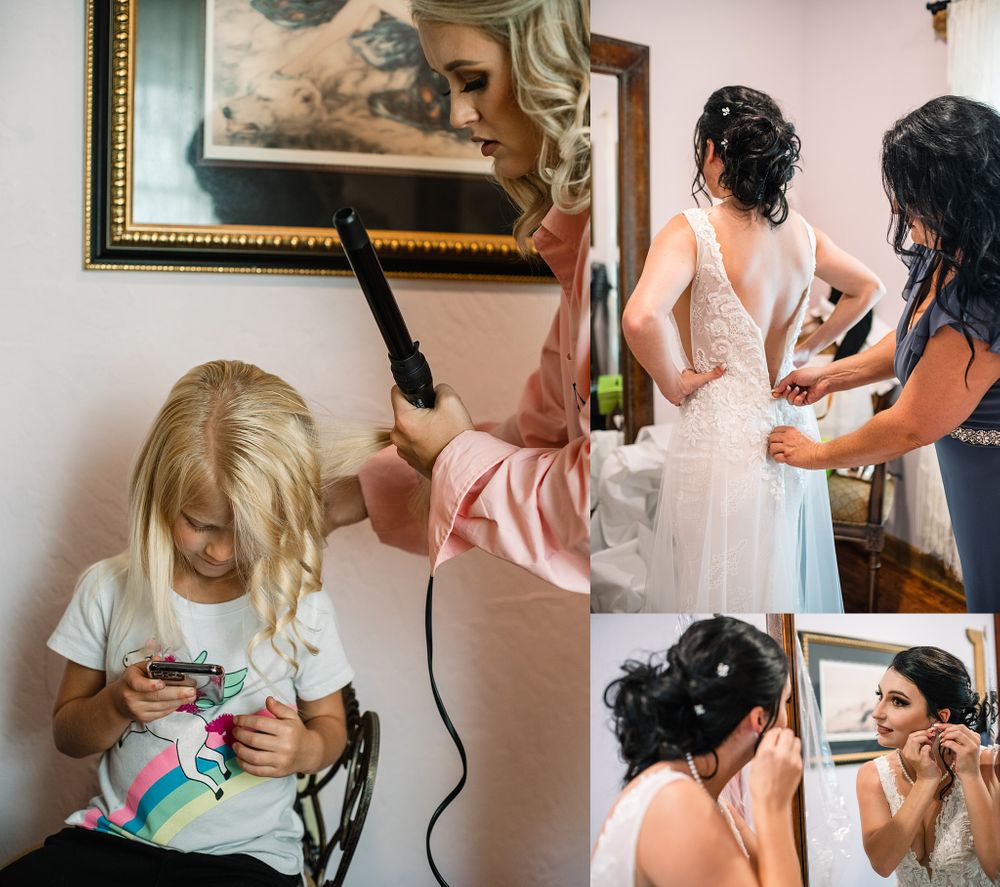 Collage showing wedding prep moments with dress being fastened and hair being styled.