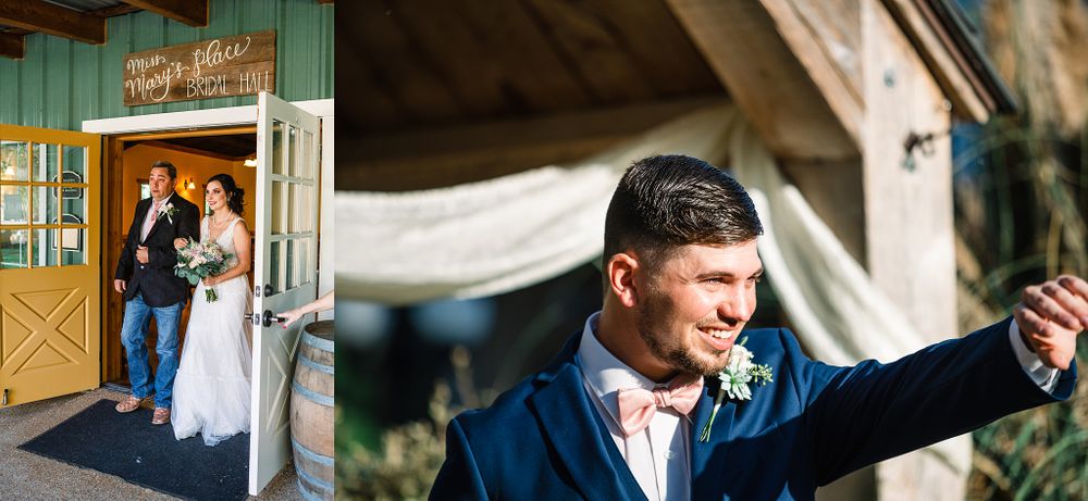 Rustic barn wedding venue entrance and celebration moments captured outdoors.