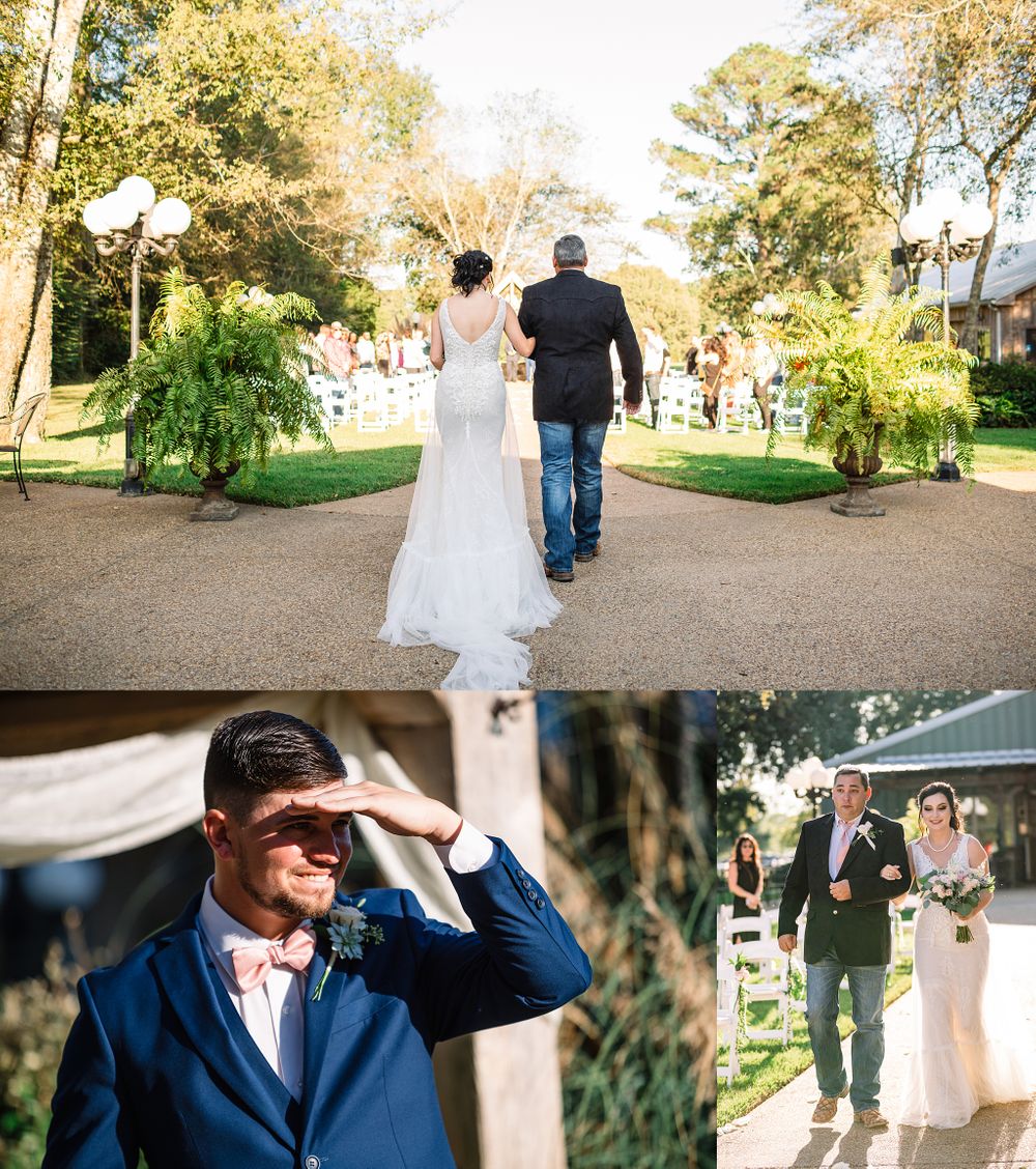 Wedding couple walking down garden path and emotional moments during outdoor ceremony.
