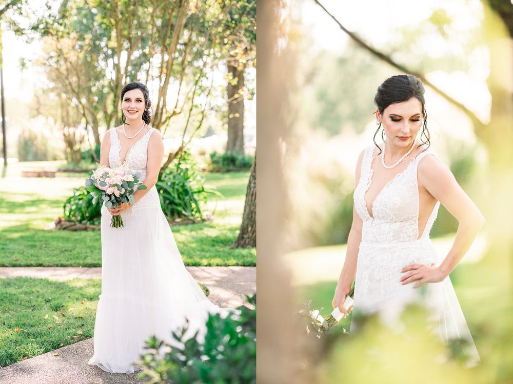 Elegant white wedding gown with lace details photographed in outdoor garden setting with natural sunlight.