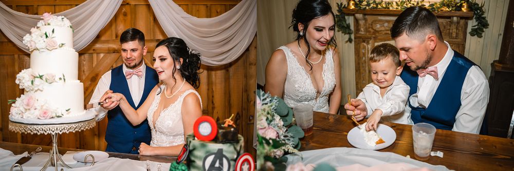 Wedding reception featuring beautiful white tiered cake and intimate table setting.