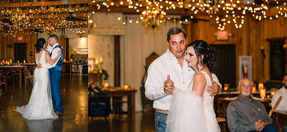 Couple shares first dance under warm string lights in rustic wedding venue.