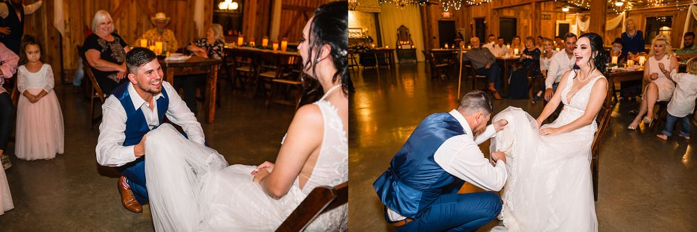 A joyful dance celebration during a wedding reception in an elegant ballroom with twinkle lights.