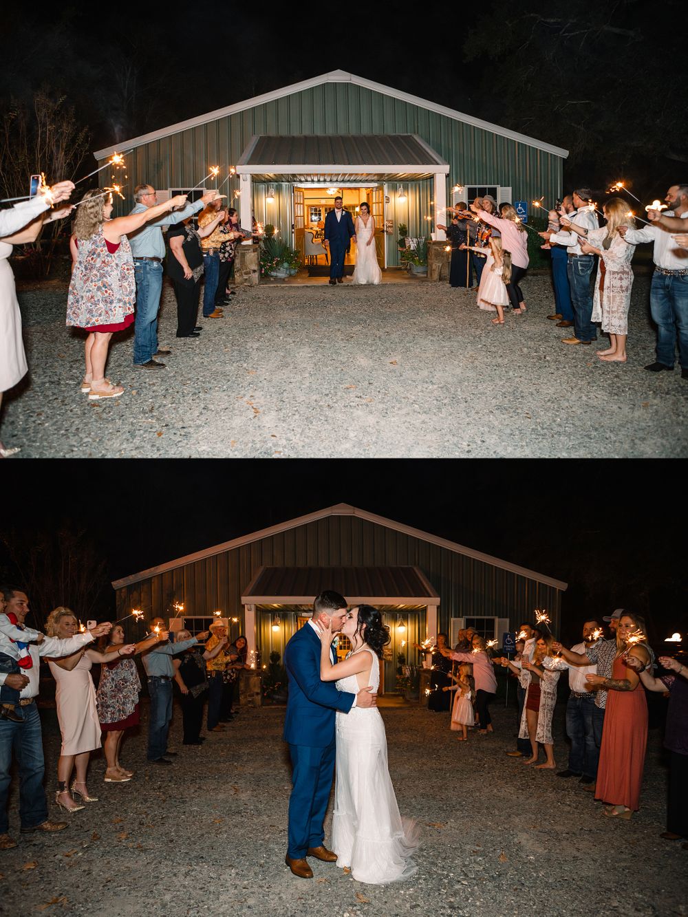 Wedding exit with guests forming a sparkler tunnel outside a rustic barn venue at night.