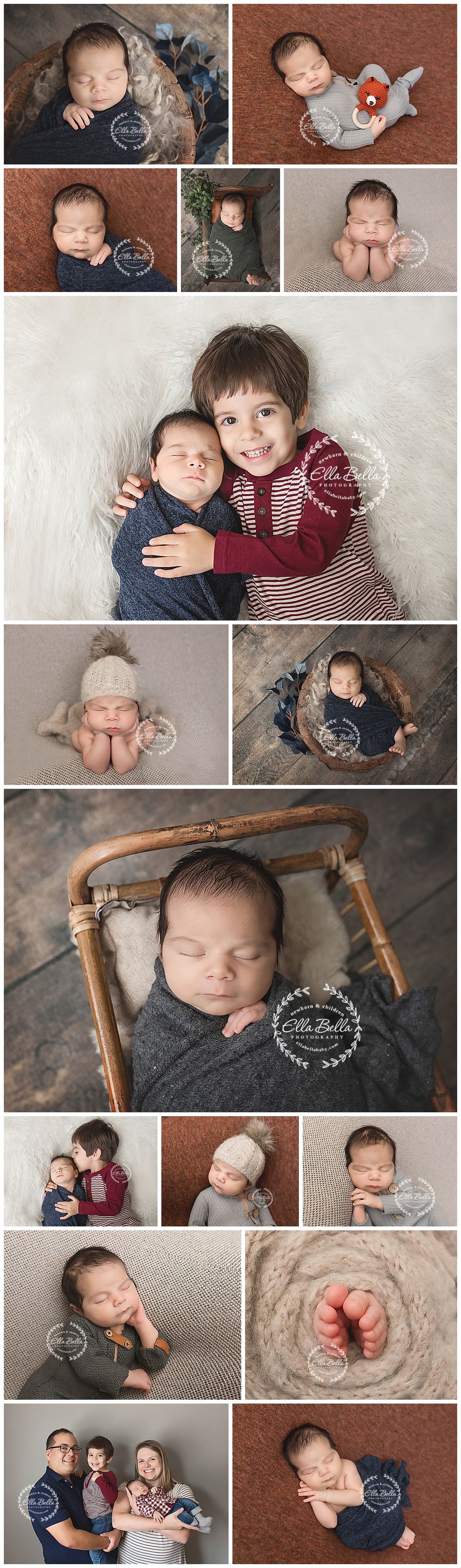 Professional newborn photo collection with sibling portraits and family moments.
