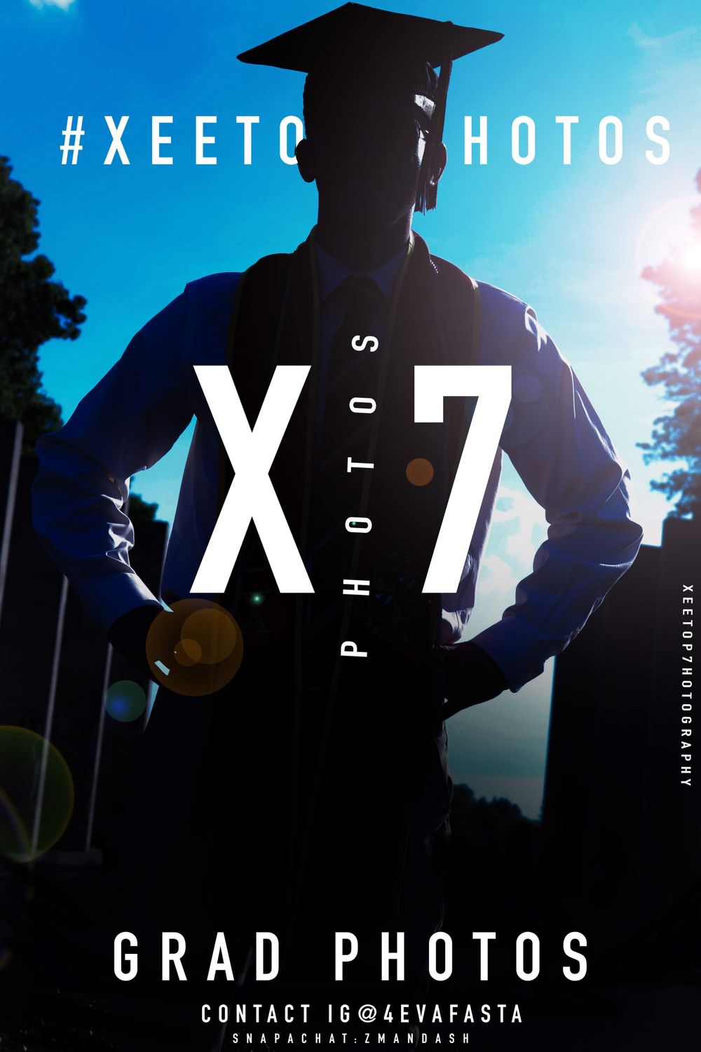 Silhouetted graduation figures against a bright sky with text overlay for grad photos.