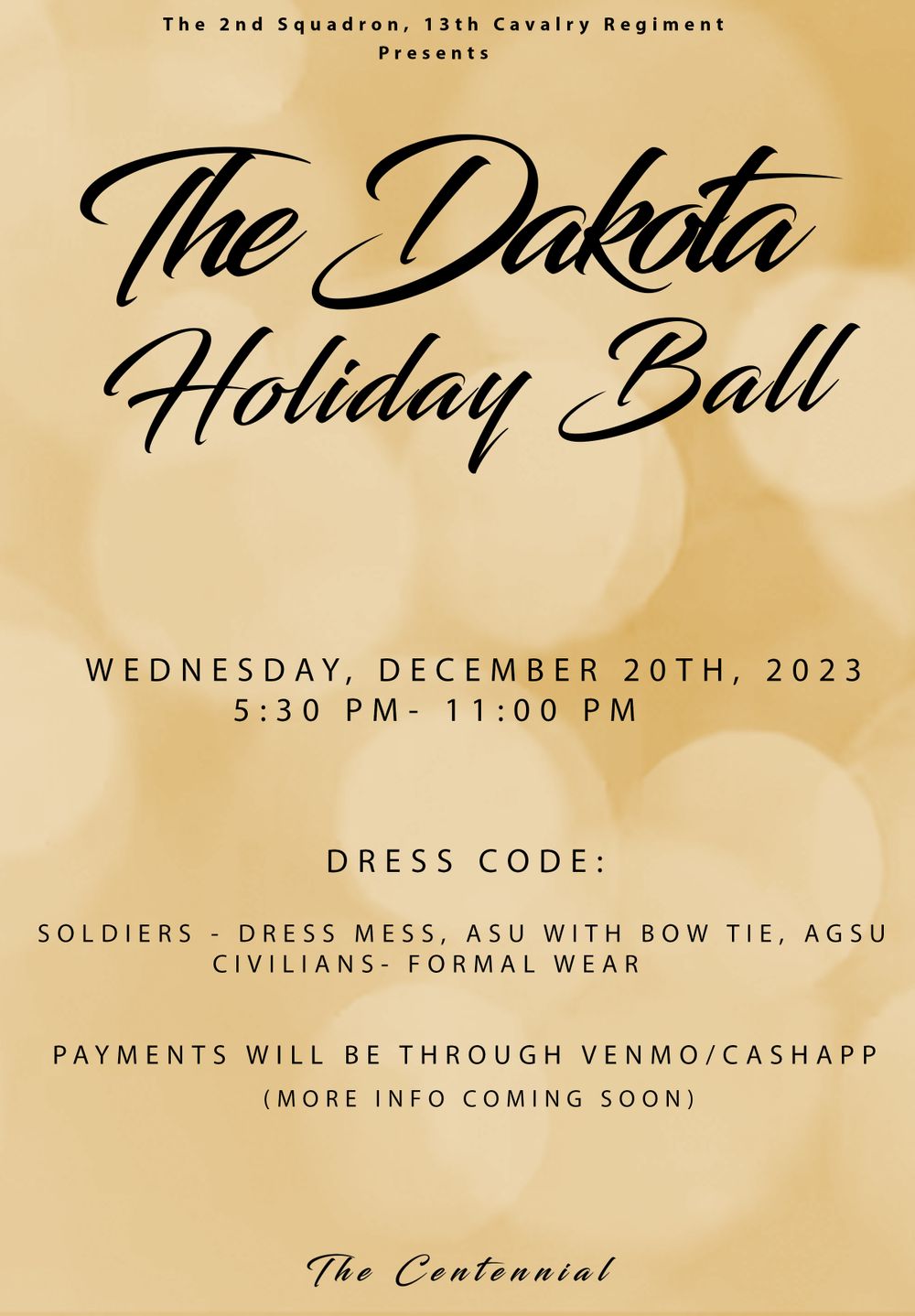 Formal military holiday ball invitation on golden background with event details.