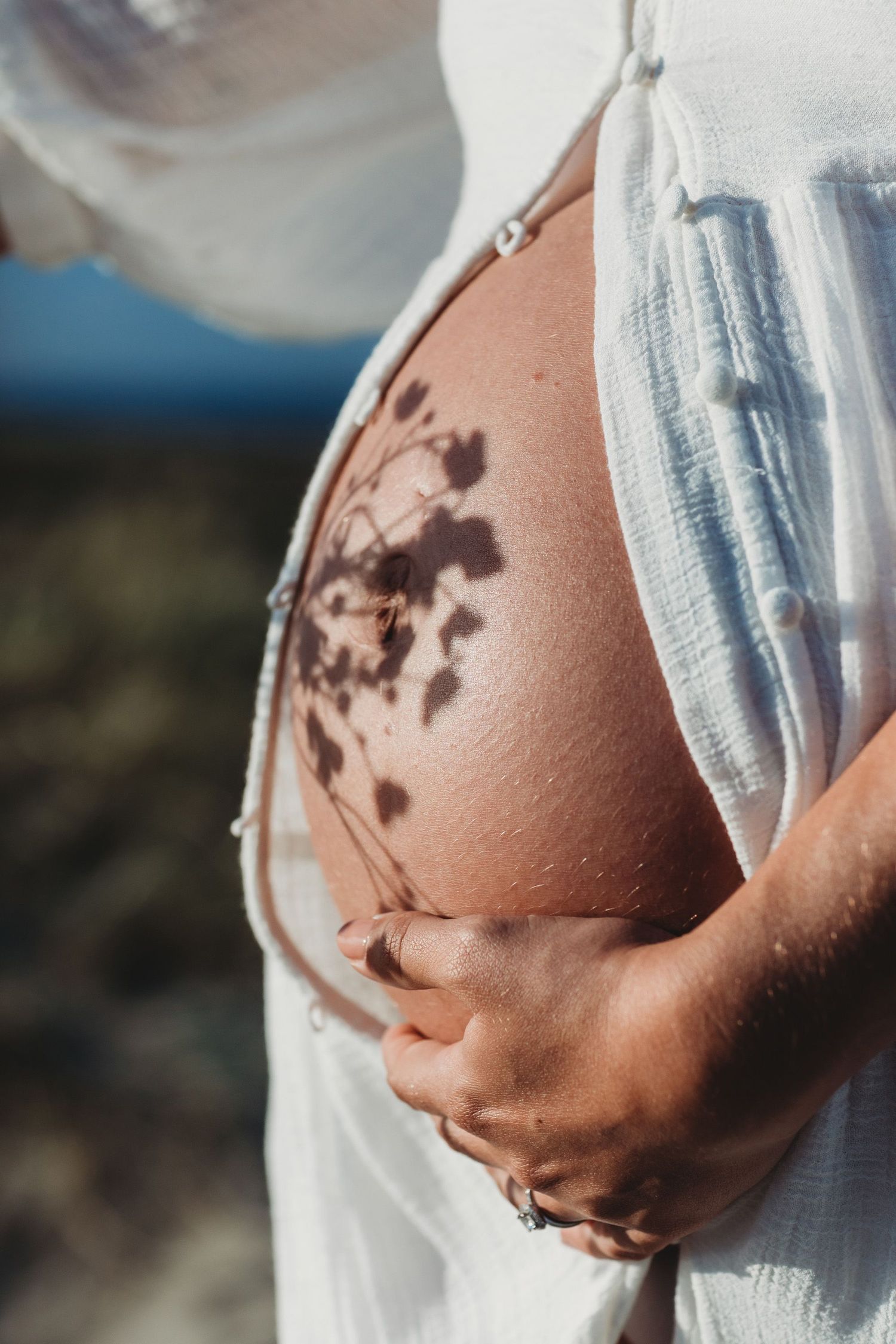 Close-up of pregnant belly with shadows of leaves cast across bare skin.