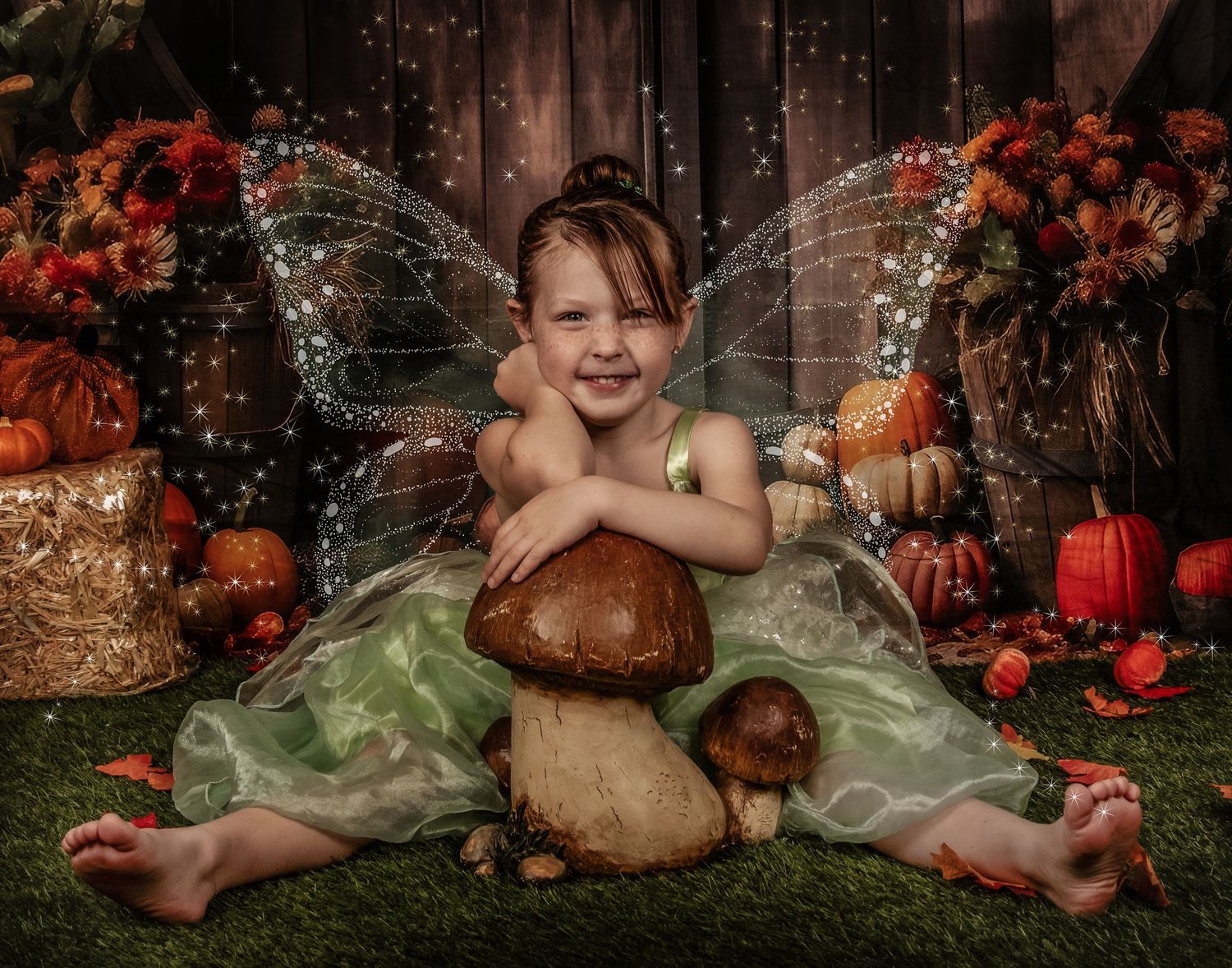 Enchanted fairy garden scene with sparkly wings and mushrooms surrounded by autumn decorations.