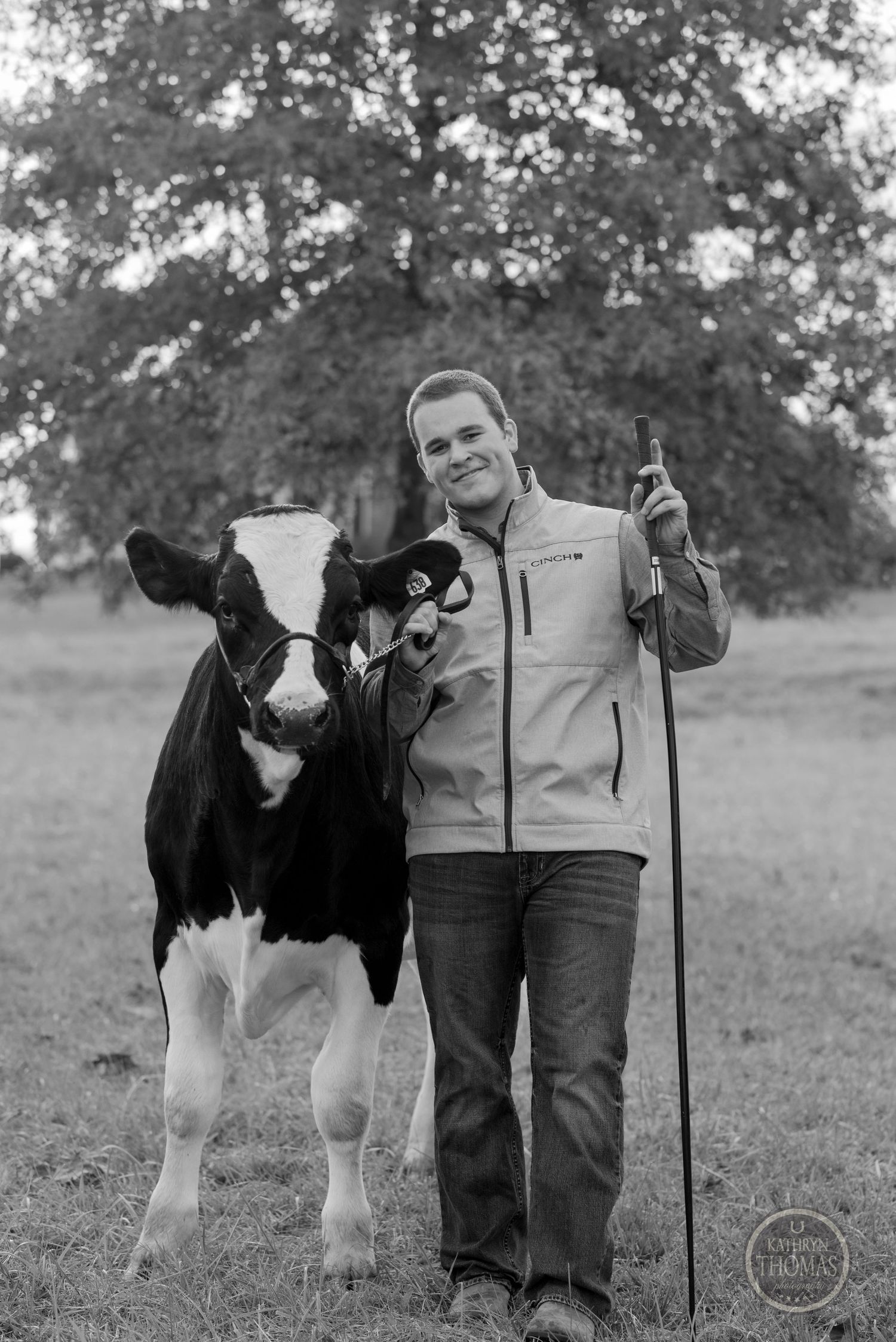 Black and white portrait of person with Holstein calf holding herding staff in pastoral setting.
