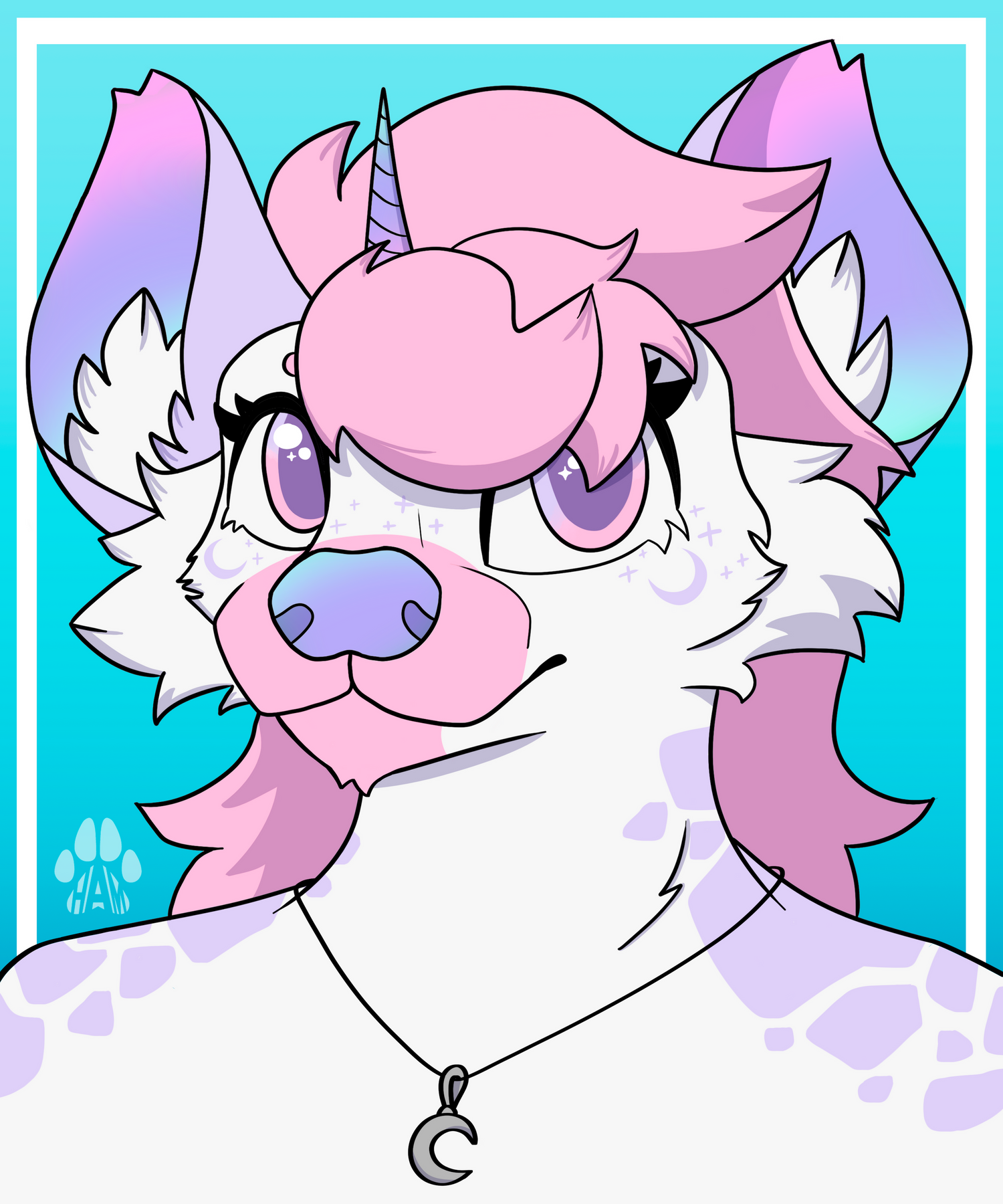 An illustration of a hyena with a unicorn horn and a long pink mane. They are wearing a silver moon necklace