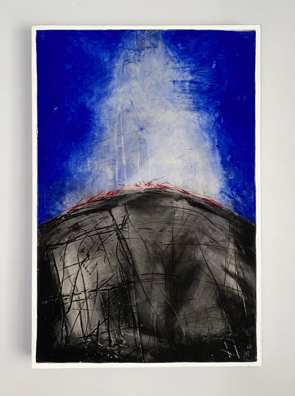 'Heated IV ' mixed media painting on canvas. Volcanic, smoky eruption on a blue background.