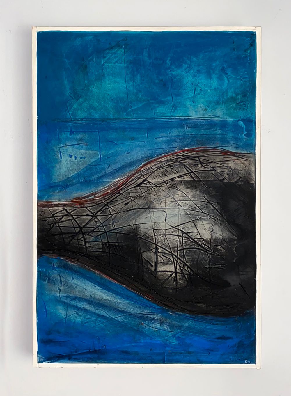 'Heated V ' mixed media painting on canvas. Calm and volcanic landscape surrounded by blue.
