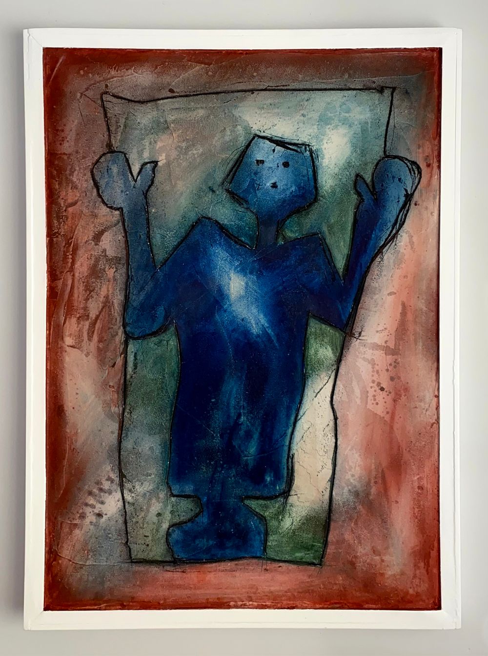 Time traveller, mixed media painting. Blue figure with green and red background.