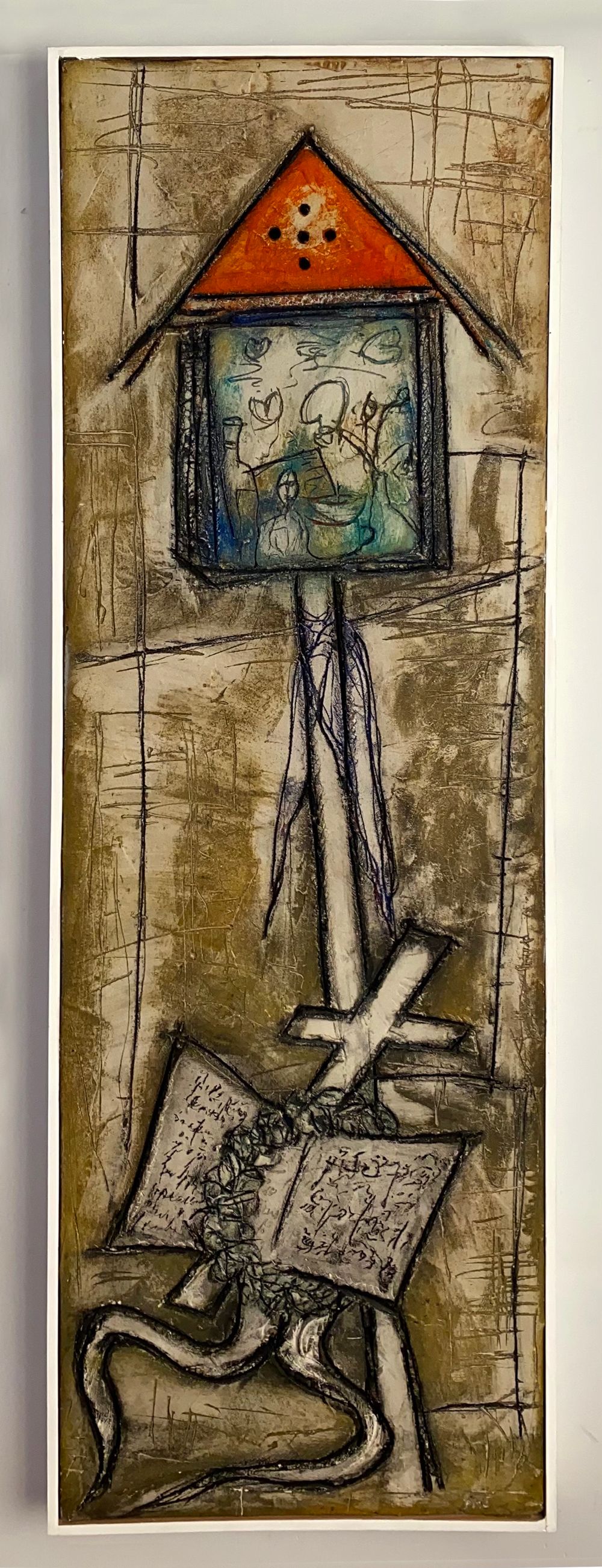 Homage To Koctnya mixed media painting on canvas. Long vertical painting