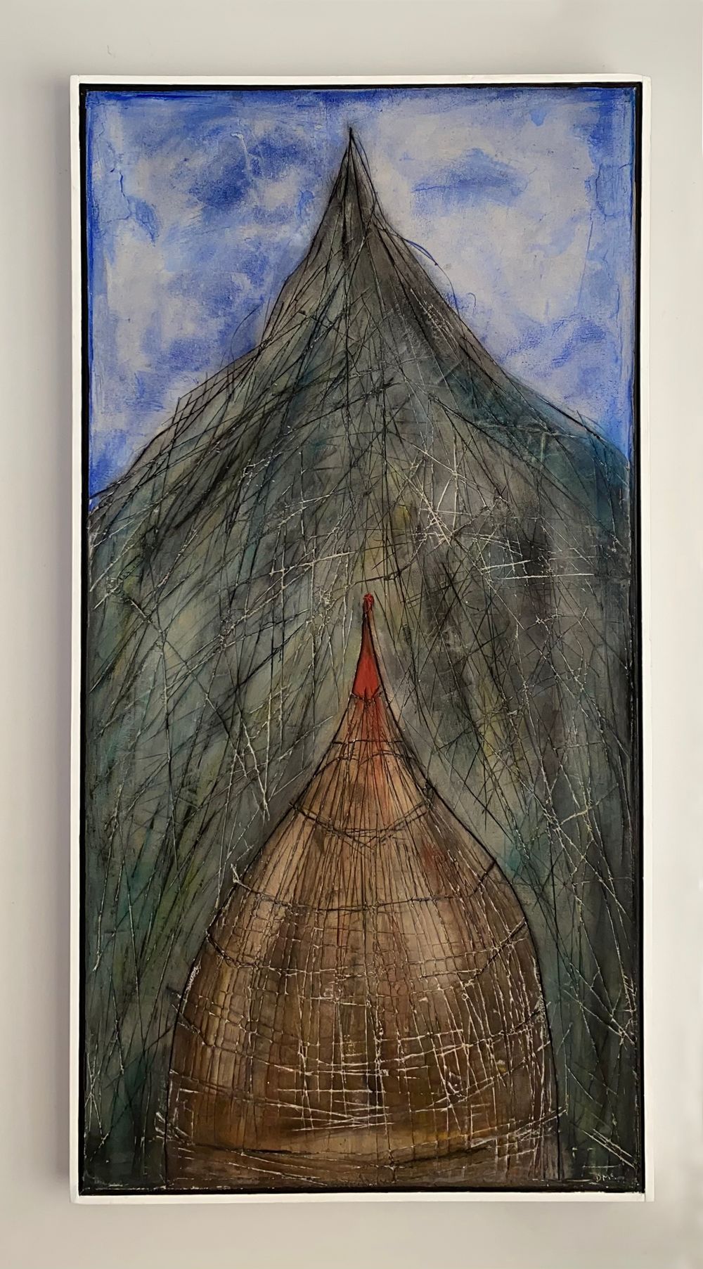 'Refuge' mixed media painting of a mountain on canvas.