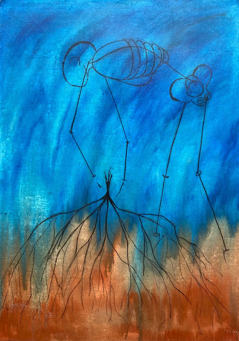 'Obtuse' acrylic painting on canvas. Stick-like figure pulling roots against a blue and orange background.
