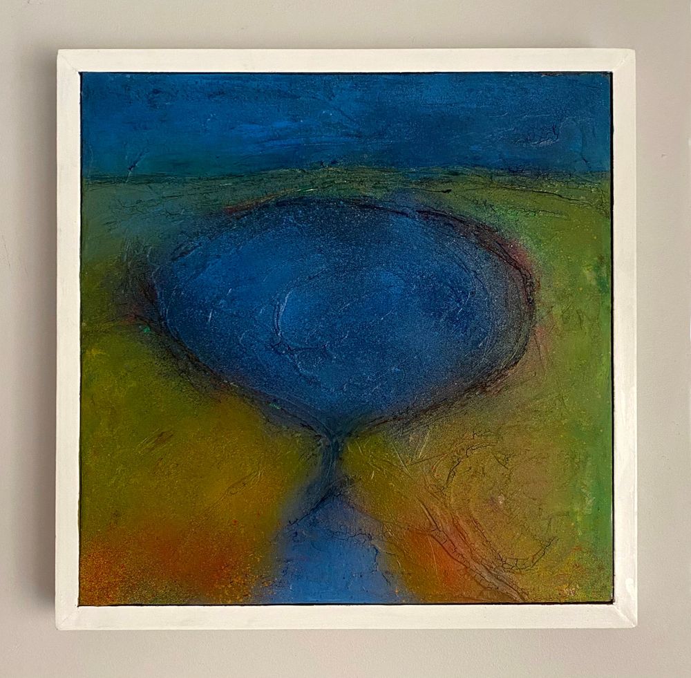 'Oceanic Blue Hole III' mixed media painting on canvas. Circular body of blue water on a hazy, green background.