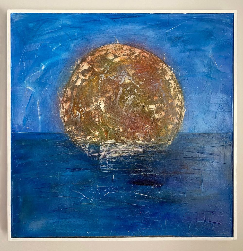 'Sea State X' mixed media painting on canvas. Blue, ocean horizon with the sun.