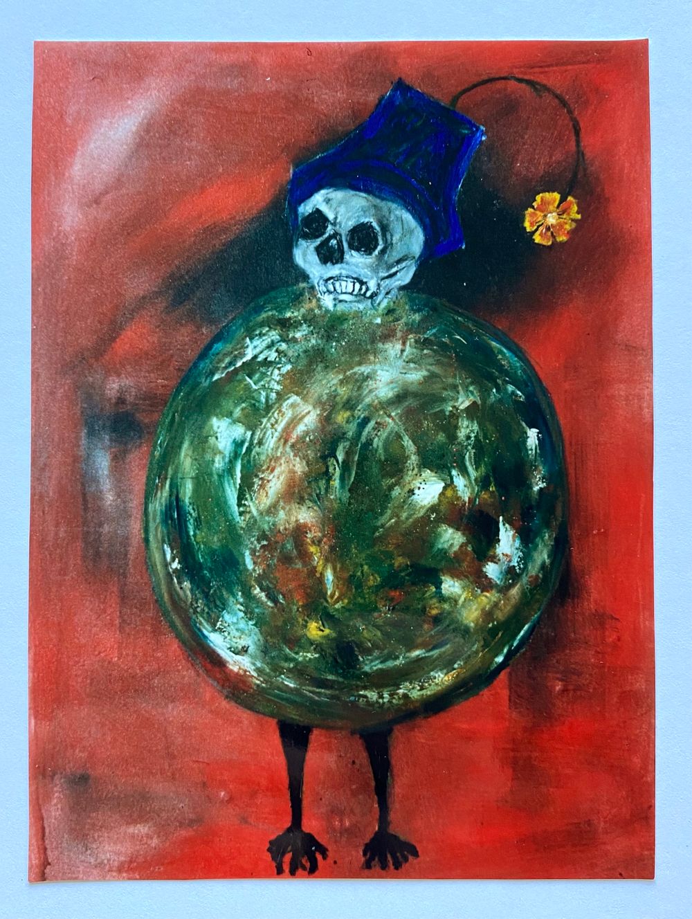 'Ultimate Heresy' oil painting on canvas. Skeletal figure within a globe like structure.