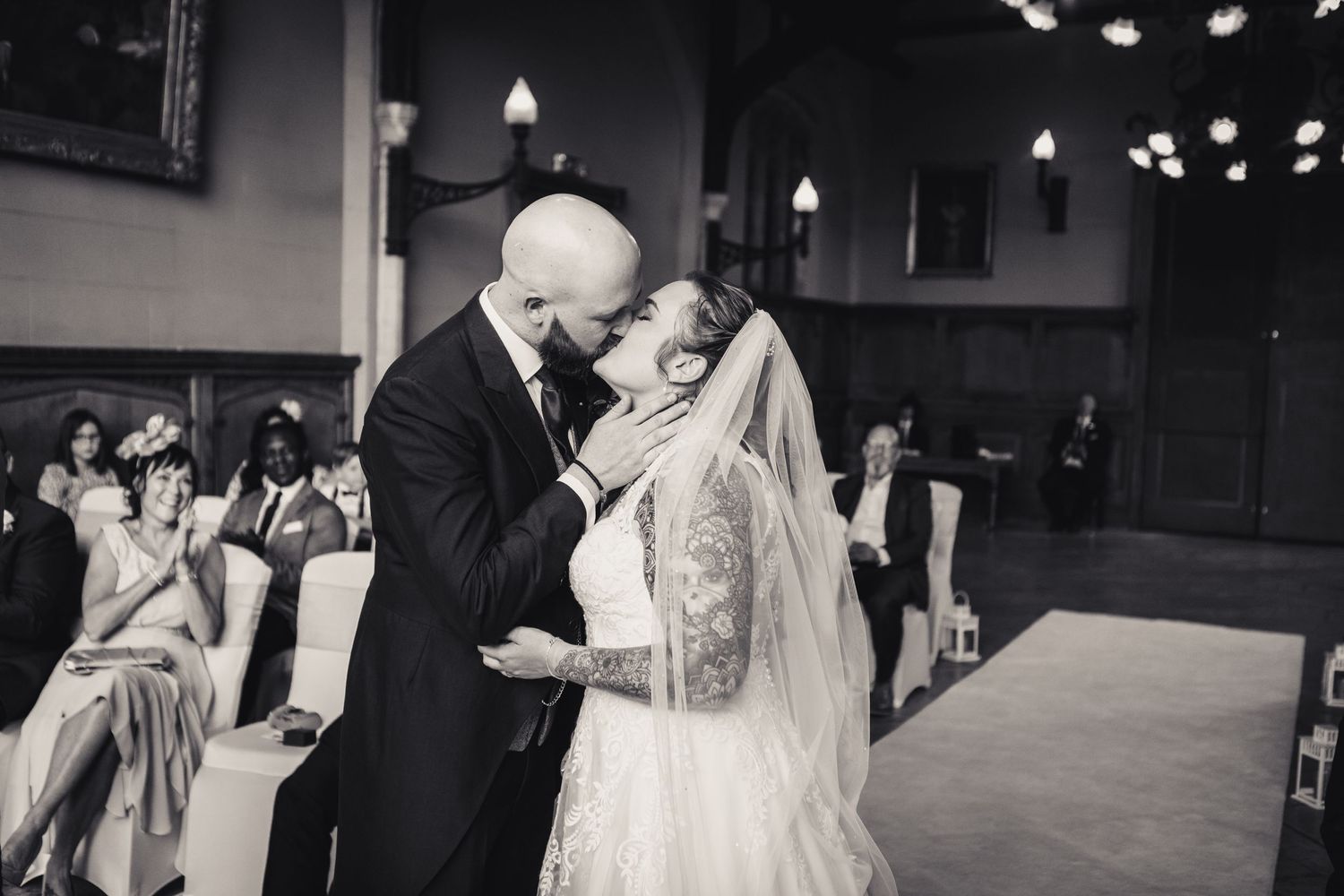 bride and groom first kiss in kings Lynn court house