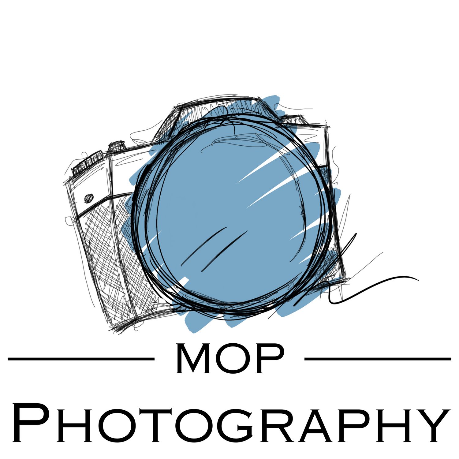 Sketched logo design for MOP Photography featuring a stylized camera with blue lens accent.
