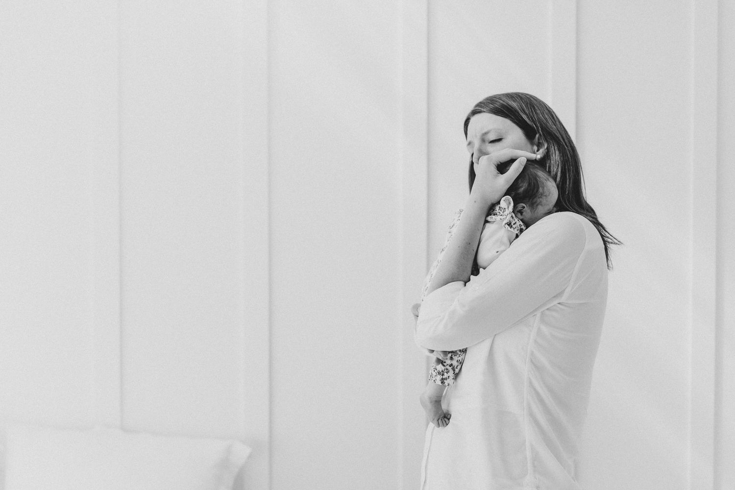 Candid lifestyle family portraits against white background.